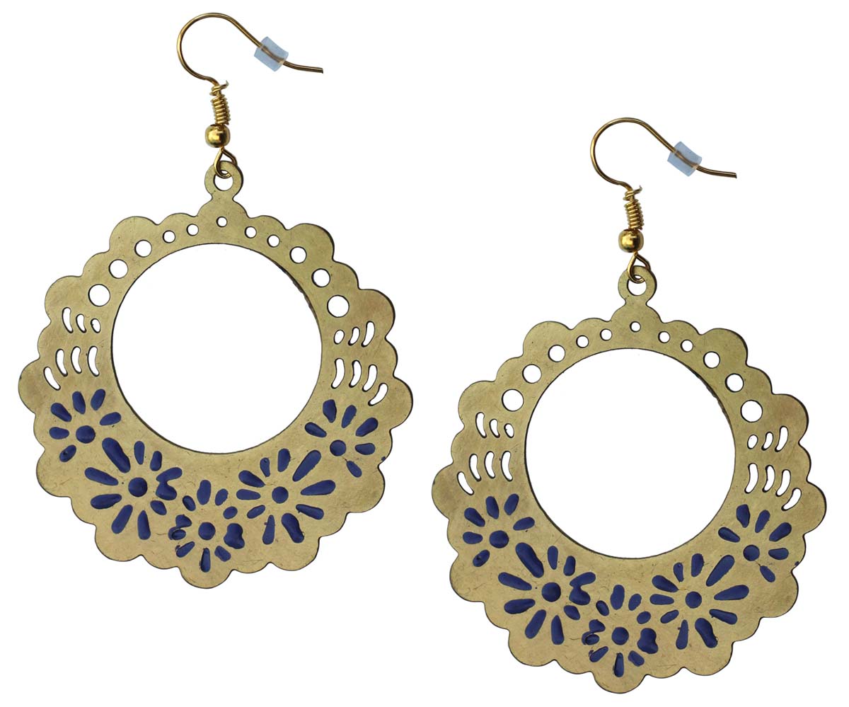2.5” Brass Hook Earrings with Open-Work Art- Gold-Tone with Blue Enameled-Work - Drop Earrings / Accessories for Her - Buy in Bulk Wholesale